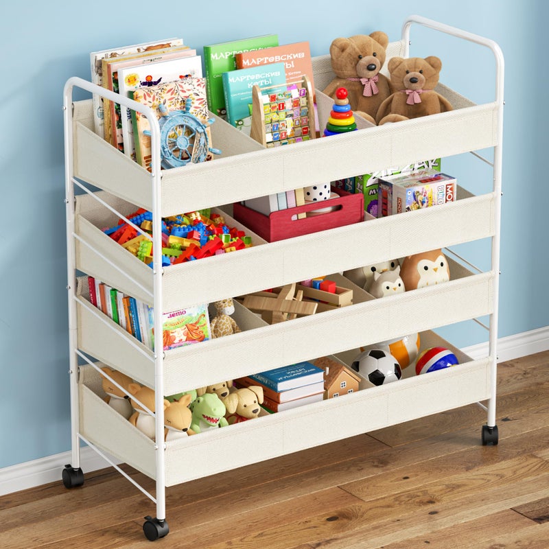 Oneyus Kids Toy Storage Organizer with 4 Shelves and Wheels,White-Supersized Toy Storage Shelf for Toddlers Ideal for Kids' Rooms,and Nurseries,Toddler Furniture for Boys and Girls Ages - Image 1