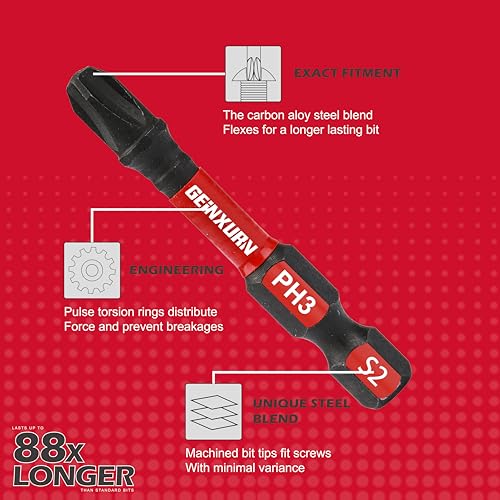GEINXURN Anti-slip Hex Impact Tough Magnetic Screwdriver Bits Set 2 in. PH1/PH2/PH3 Insert Driver Bits,40Pack 1/4 Inch Hex Shank Phillips Cross Screwdriver Bits Set with 1Pcs Impact Bit Holder - Image 5