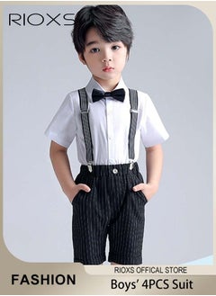 RIOXS Kids Boys 4pcs Formal Dresswear Gentleman Suits Set Ceremony Clothing Set with Short Sleeves Shirt Bowtie Pants and Suspender for Party Wedding Performance and Formal Occasions  - Image 1