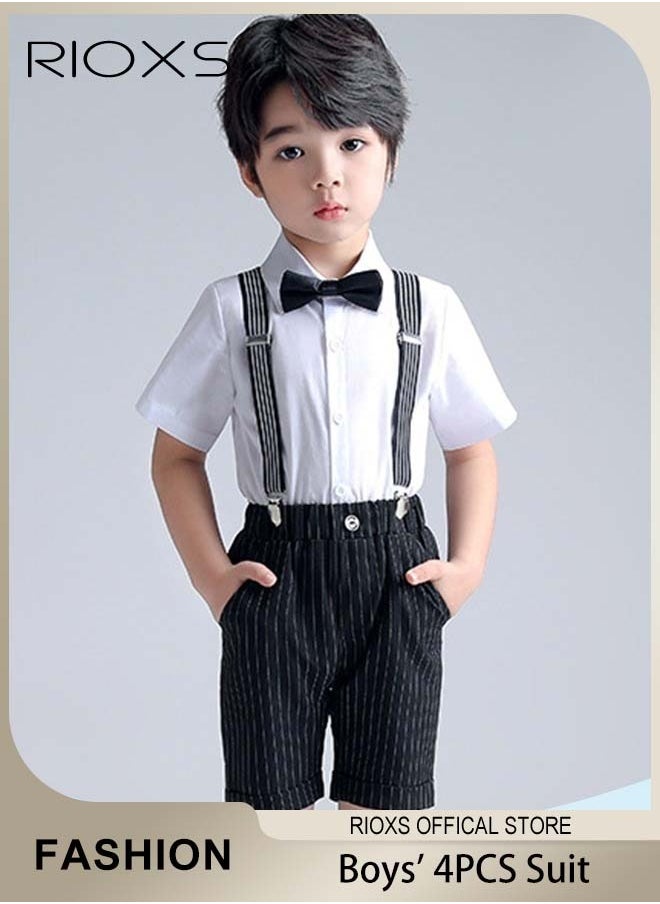 RIOXS - Kids Boys 4pcs Formal Dresswear Gentleman Suits Set Ceremony Clothing Set with Short Sleeves Shirt Bowtie Pants and Suspender for Party Wedding Performance and Formal Occasions - Image 1