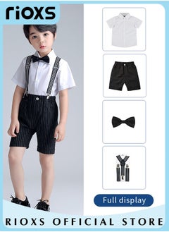 RIOXS Kids Boys 4pcs Formal Dresswear Gentleman Suits Set Ceremony Clothing Set with Short Sleeves Shirt Bowtie Pants and Suspender for Party Wedding Performance and Formal Occasions  - Image 2