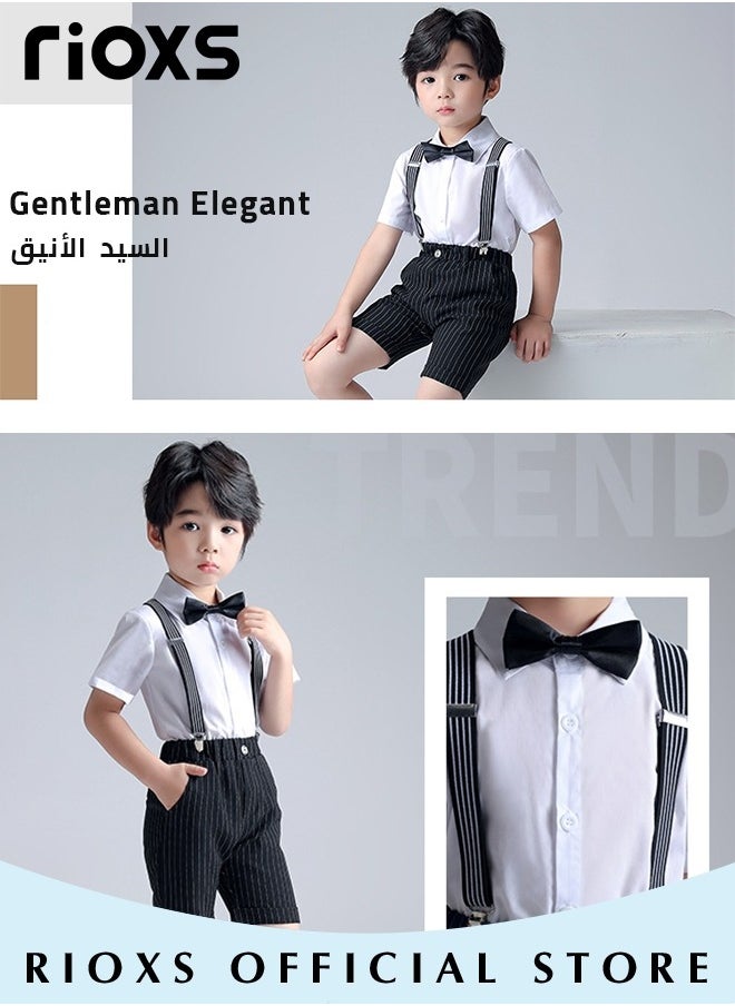 RIOXS - Kids Boys 4pcs Formal Dresswear Gentleman Suits Set Ceremony Clothing Set with Short Sleeves Shirt Bowtie Pants and Suspender for Party Wedding Performance and Formal Occasions - Image 1