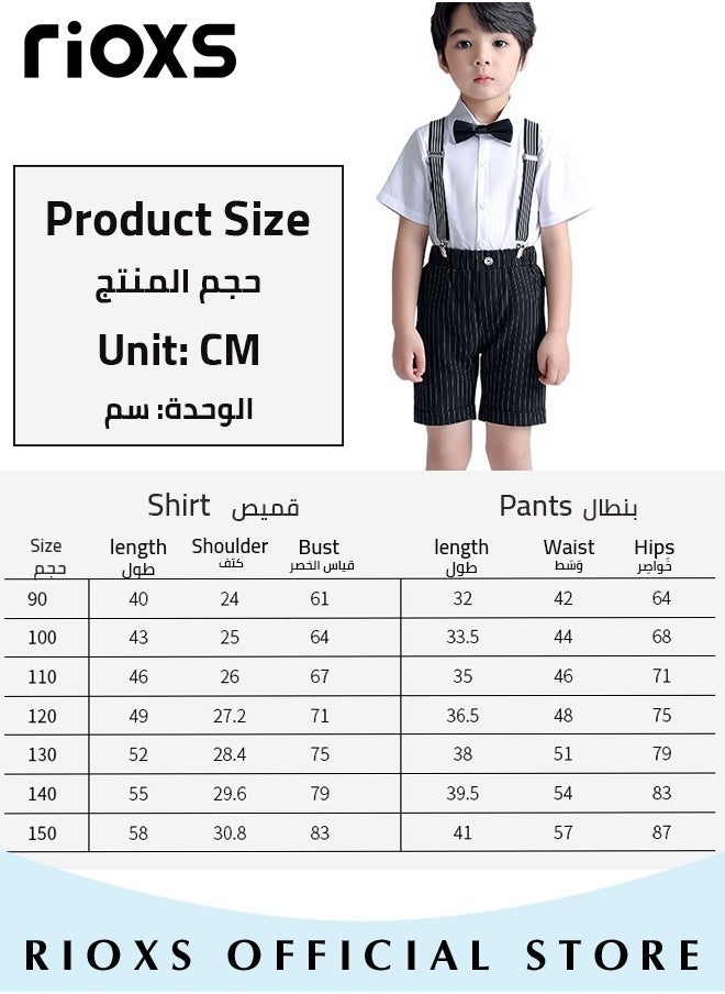 RIOXS - Kids Boys 4pcs Formal Dresswear Gentleman Suits Set Ceremony Clothing Set with Short Sleeves Shirt Bowtie Pants and Suspender for Party Wedding Performance and Formal Occasions - Image 1