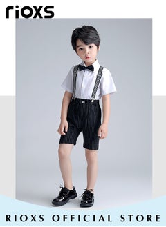 RIOXS Kids Boys 4pcs Formal Dresswear Gentleman Suits Set Ceremony Clothing Set with Short Sleeves Shirt Bowtie Pants and Suspender for Party Wedding Performance and Formal Occasions  - Image 3