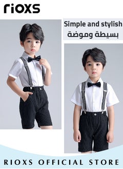 RIOXS Kids Boys 4pcs Formal Dresswear Gentleman Suits Set Ceremony Clothing Set with Short Sleeves Shirt Bowtie Pants and Suspender for Party Wedding Performance and Formal Occasions  - Image 4