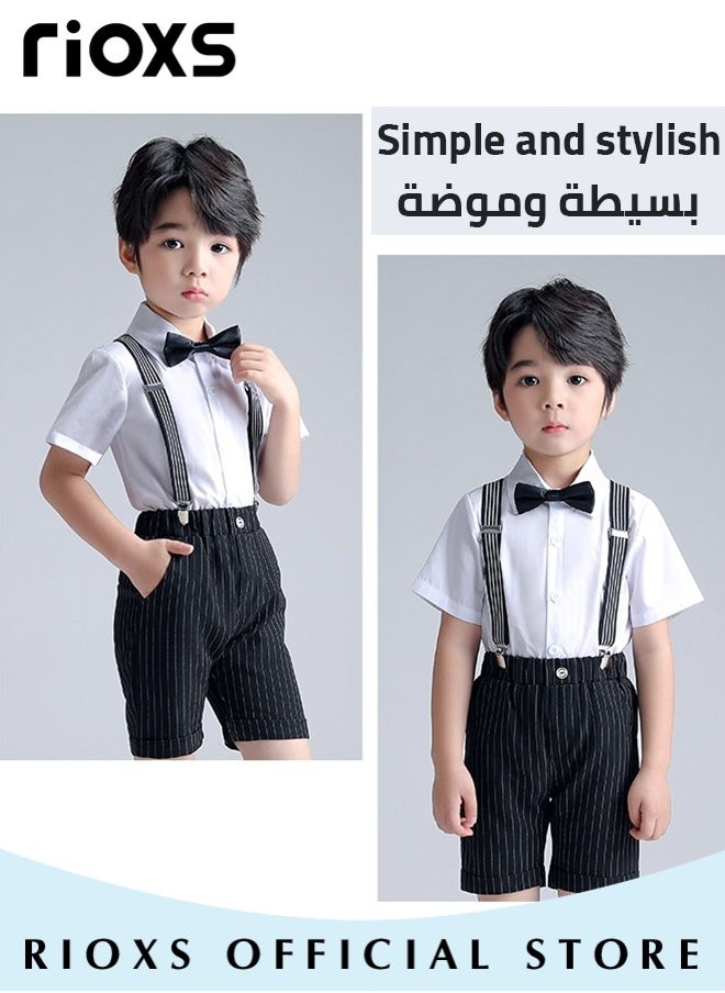 RIOXS - Kids Boys 4pcs Formal Dresswear Gentleman Suits Set Ceremony Clothing Set with Short Sleeves Shirt Bowtie Pants and Suspender for Party Wedding Performance and Formal Occasions - Image 1