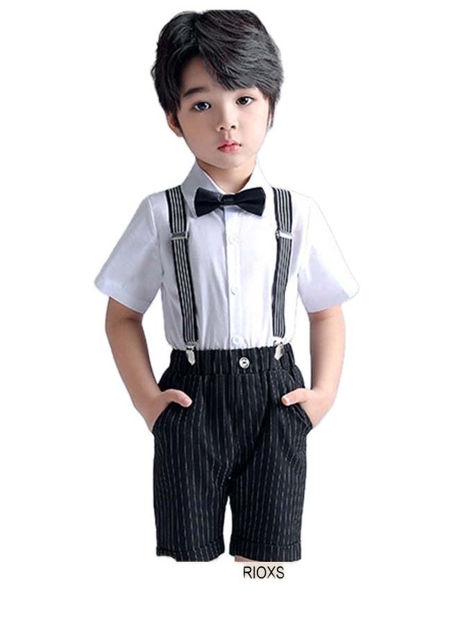 RIOXS - Kids Boys 4pcs Formal Dresswear Gentleman Suits Set Ceremony Clothing Set with Short Sleeves Shirt Bowtie Pants and Suspender for Party Wedding Performance and Formal Occasions - Image 1