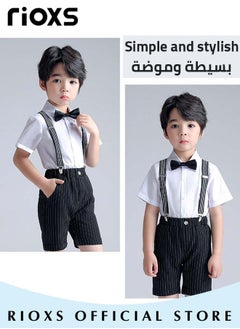 RIOXS Kids Boys 4pcs Formal Dresswear Gentleman Suits Set Ceremony Clothing Set with Short Sleeves Shirt Bowtie Pants and Suspender for Party Wedding Performance and Formal Occasions  - Image 4