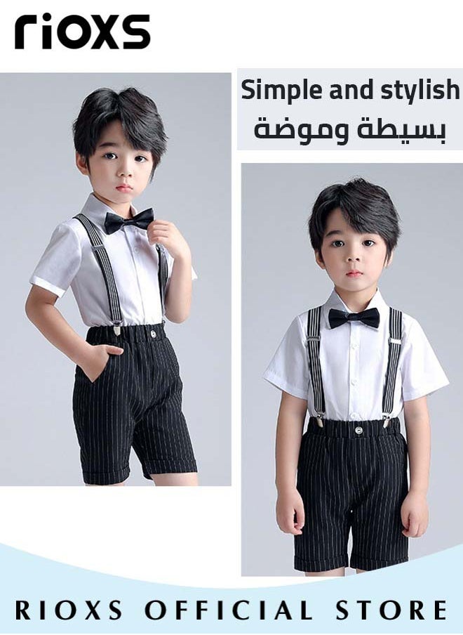 RIOXS - Kids Boys 4pcs Formal Dresswear Gentleman Suits Set Ceremony Clothing Set with Short Sleeves Shirt Bowtie Pants and Suspender for Party Wedding Performance and Formal Occasions - Image 1