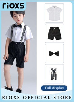 RIOXS Kids Boys 4pcs Formal Dresswear Gentleman Suits Set Ceremony Clothing Set with Short Sleeves Shirt Bowtie Pants and Suspender for Party Wedding Performance and Formal Occasions  - Image 2