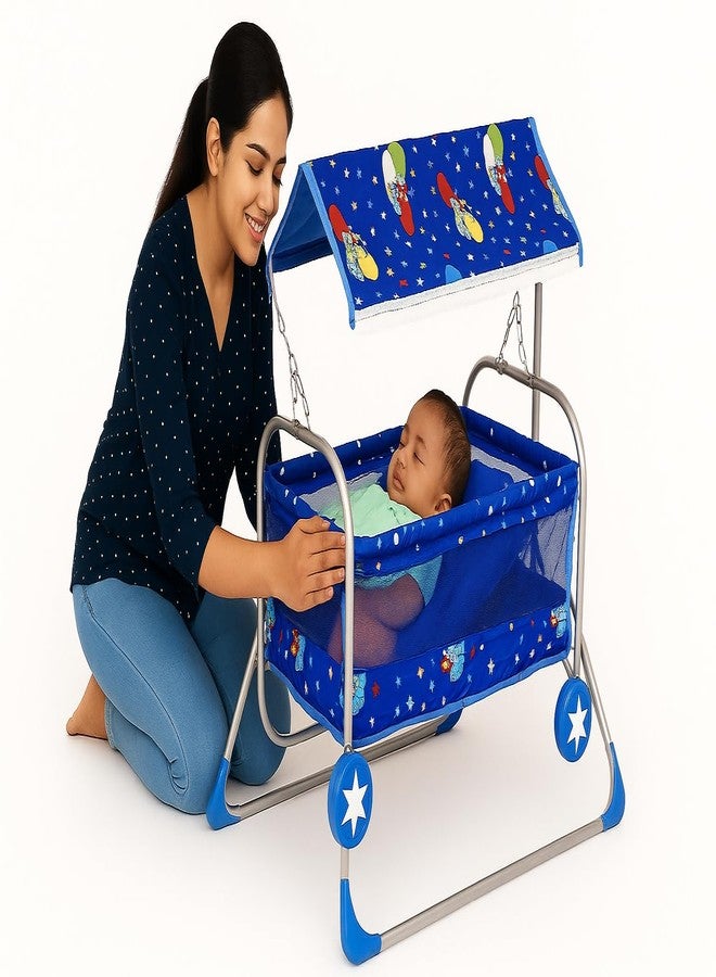 Dharmsaar Premium Blue New Born Baby Cradle with Swing & Mosquito Net, Wheels Safety Belt with Lock, Polypropylene & Mild Steel, Cradle with Wheel - Image 1