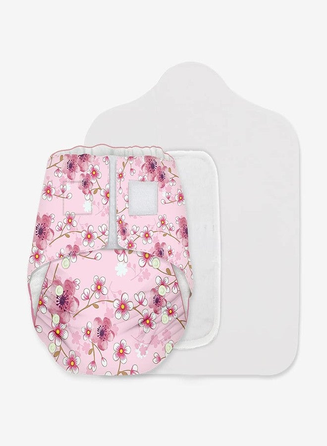 SNUGKINS Newborn Bliss Diapers for Newborn Babies (2.5-7kg) | Washable & Reusable | 1 Cloth Diaper, 1 Wet-Free Organic Cotton Prefold & 1 Booster Pad | Sakura - Image 1
