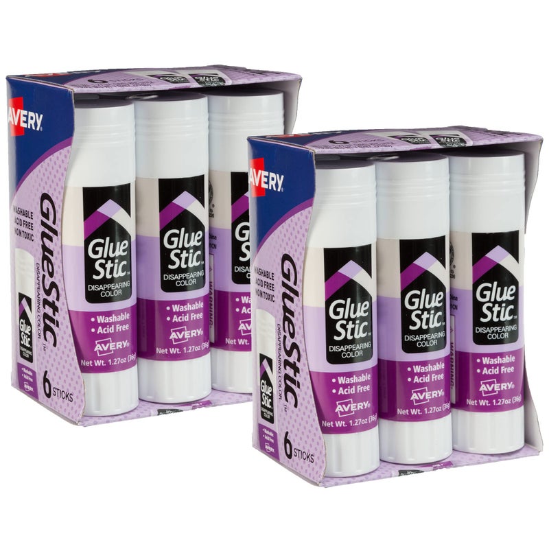 Avery Glue Stic, Disappearing Purple, Washable, Non-Toxic, 1.27oz, 6 Glue Sticks, 2-Pack, 12 Total (10222) - Image 1