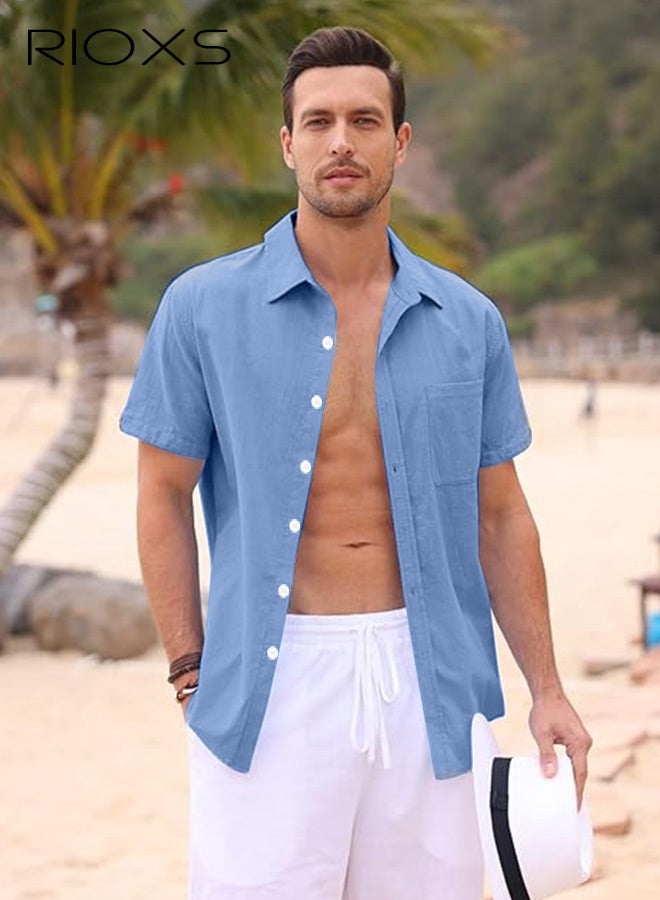 RIOXS Men's Short Sleeve Button-Down Shirts, Sommer Breathable V-Neck Shirts for Men, Loose Fit Linen Button-Down Tops, Summer Casual Beach Shirts Textured Shirts with Pocket, for Daily, Party, Date, Wedding, Office, Home and Travel Wear, Blue - Image 4