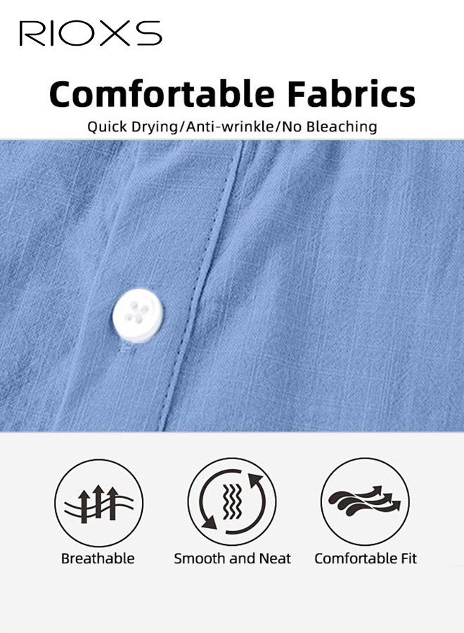 RIOXS Men's Short Sleeve Button-Down Shirts, Sommer Breathable V-Neck Shirts for Men, Loose Fit Linen Button-Down Tops, Summer Casual Beach Shirts Textured Shirts with Pocket, for Daily, Party, Date, Wedding, Office, Home and Travel Wear, Blue - Image 5