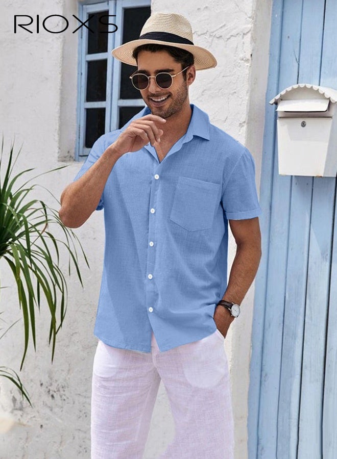 RIOXS Men's Short Sleeve Button-Down Shirts, Sommer Breathable V-Neck Shirts for Men, Loose Fit Linen Button-Down Tops, Summer Casual Beach Shirts Textured Shirts with Pocket, for Daily, Party, Date, Wedding, Office, Home and Travel Wear, Blue - Image 2