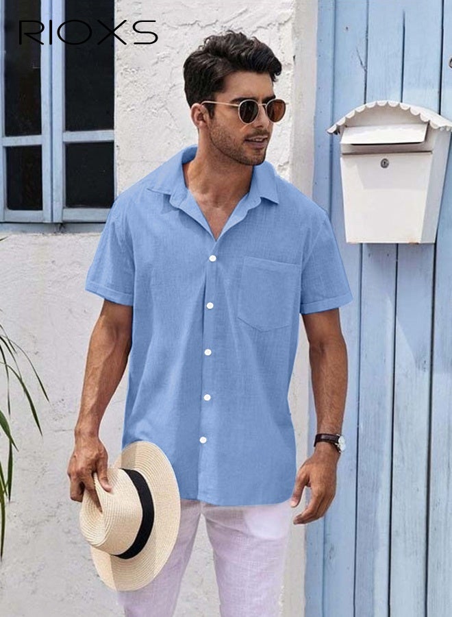 RIOXS Men's Short Sleeve Button-Down Shirts, Sommer Breathable V-Neck Shirts for Men, Loose Fit Linen Button-Down Tops, Summer Casual Beach Shirts Textured Shirts with Pocket, for Daily, Party, Date, Wedding, Office, Home and Travel Wear, Blue - Image 1