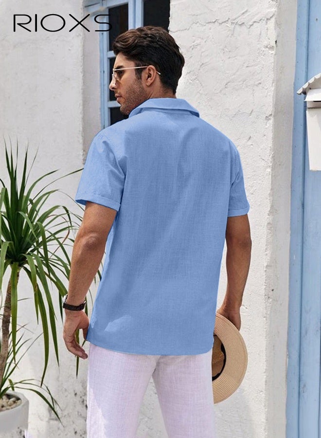 RIOXS Men's Short Sleeve Button-Down Shirts, Sommer Breathable V-Neck Shirts for Men, Loose Fit Linen Button-Down Tops, Summer Casual Beach Shirts Textured Shirts with Pocket, for Daily, Party, Date, Wedding, Office, Home and Travel Wear, Blue - Image 3
