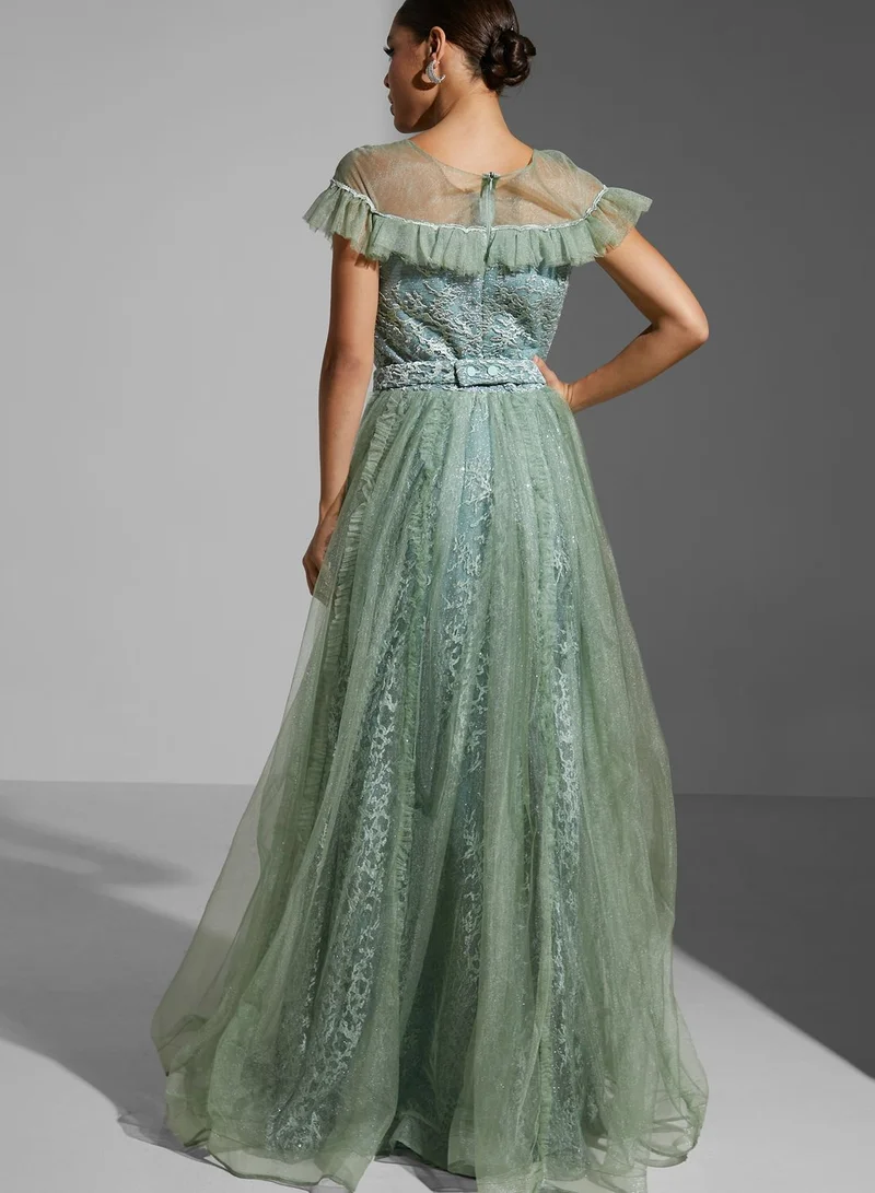 CRYSTAL PURE Lace Detail Tulle Pleated Dress