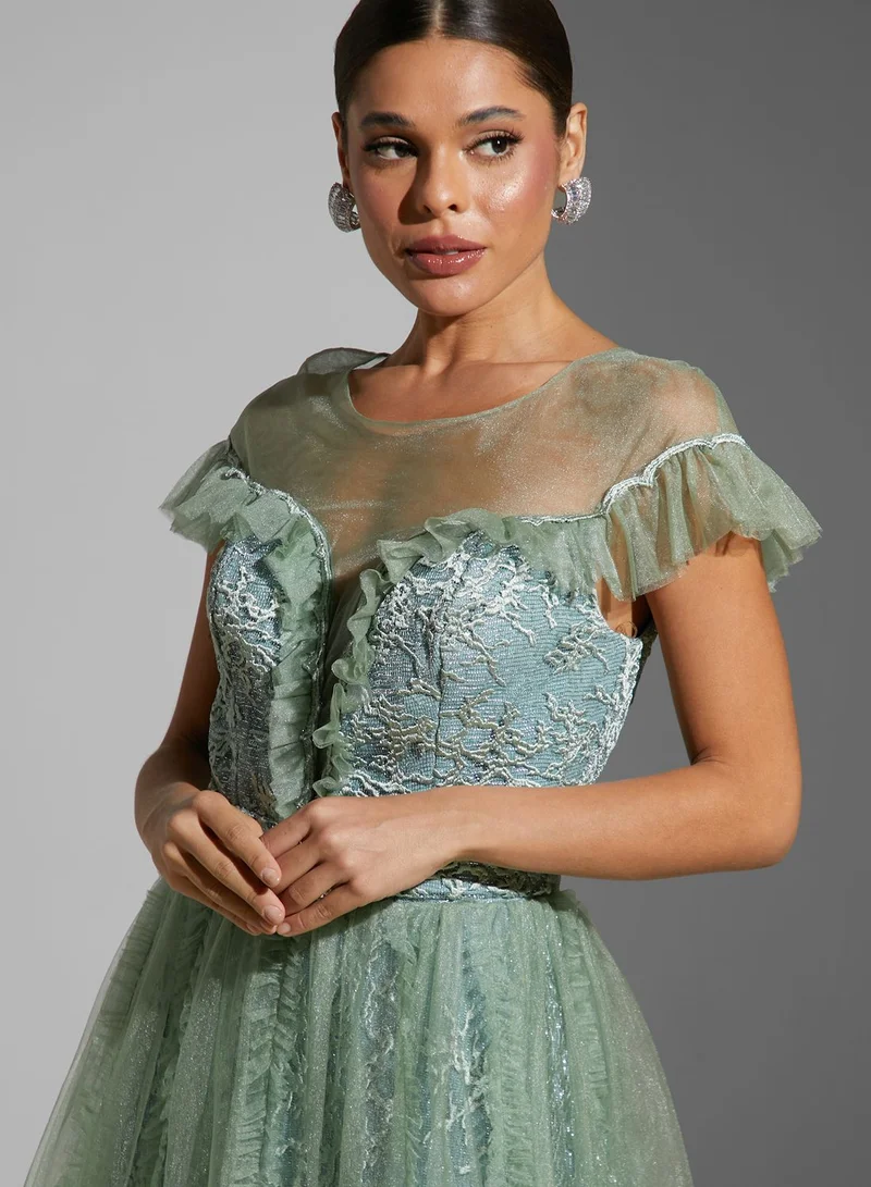 CRYSTAL PURE Lace Detail Tulle Pleated Dress