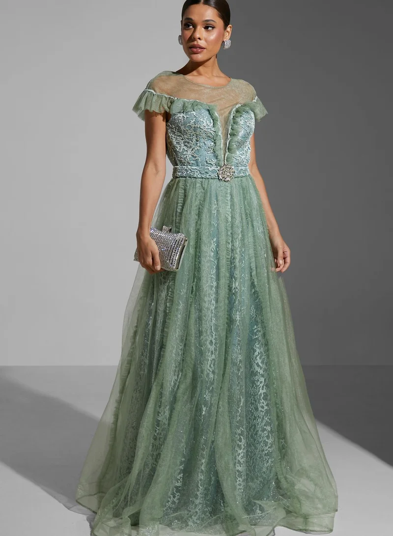 CRYSTAL PURE Lace Detail Tulle Pleated Dress