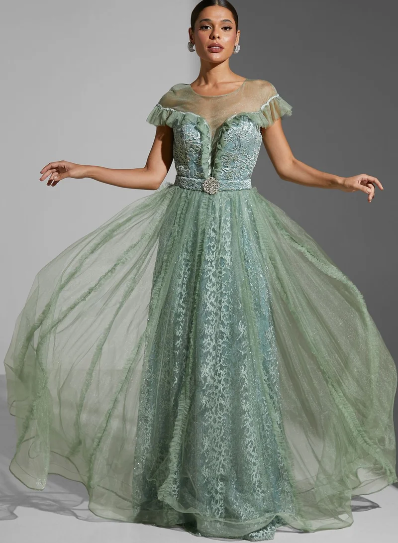 CRYSTAL PURE Lace Detail Tulle Pleated Dress