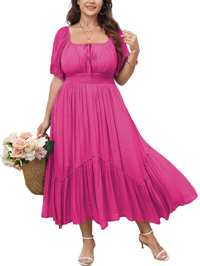 SHESTARR Women's Plus Size Dress Short Sleeve Square Neck Tie Front Ruffle Hem Boho Maxi Milkmaid Dress Hot Pink - Image 1