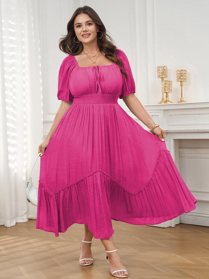 SHESTARR Women's Plus Size Dress Short Sleeve Square Neck Tie Front Ruffle Hem Boho Maxi Milkmaid Dress Hot Pink - Image 4