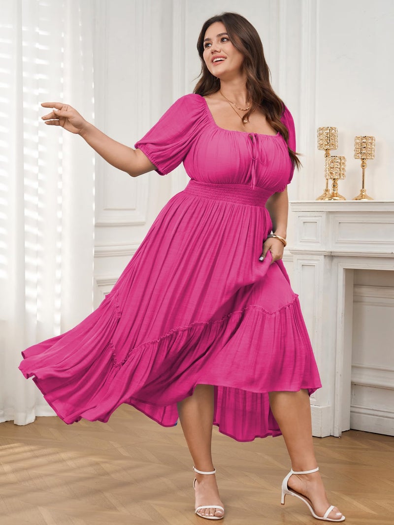 SHESTARR Women's Plus Size Dress Short Sleeve Square Neck Tie Front Ruffle Hem Boho Maxi Milkmaid Dress Hot Pink - Image 5