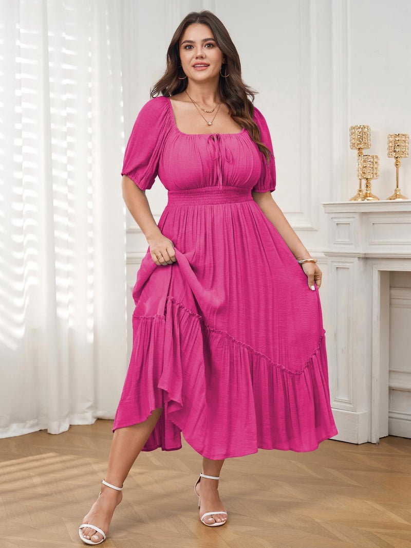 SHESTARR Women's Plus Size Dress Short Sleeve Square Neck Tie Front Ruffle Hem Boho Maxi Milkmaid Dress Hot Pink - Image 2
