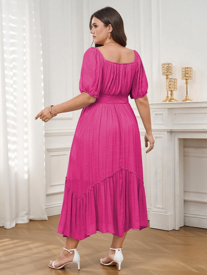 SHESTARR Women's Plus Size Dress Short Sleeve Square Neck Tie Front Ruffle Hem Boho Maxi Milkmaid Dress Hot Pink - Image 3