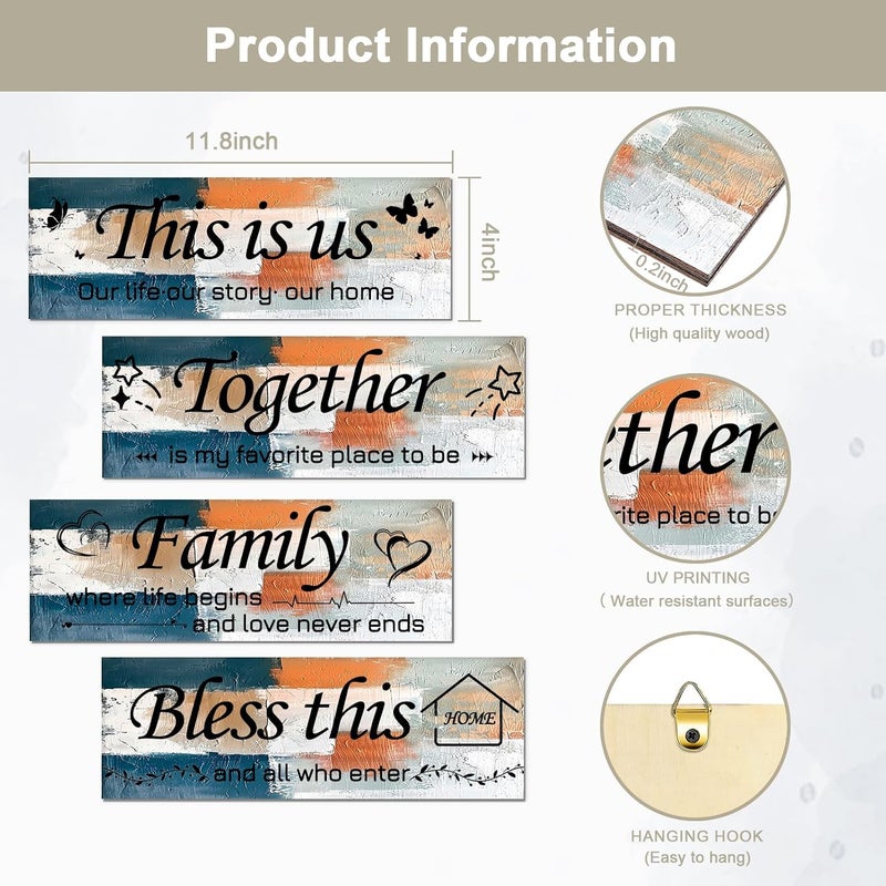 Al Raied ARS Rustic Wooden Wall Art Set - 4 Pieces Family Quotes Decor for Living Room and Bedroom - Image 2