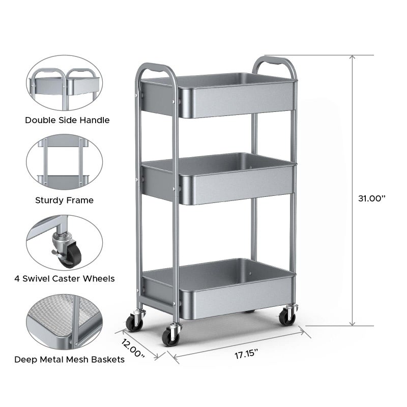 MAX Houser 3-Tier Rolling Utility Cart with Caster Wheels,Easy Assembly, for Kitchen, Bathroom (Silvery-Grey) - Image 2