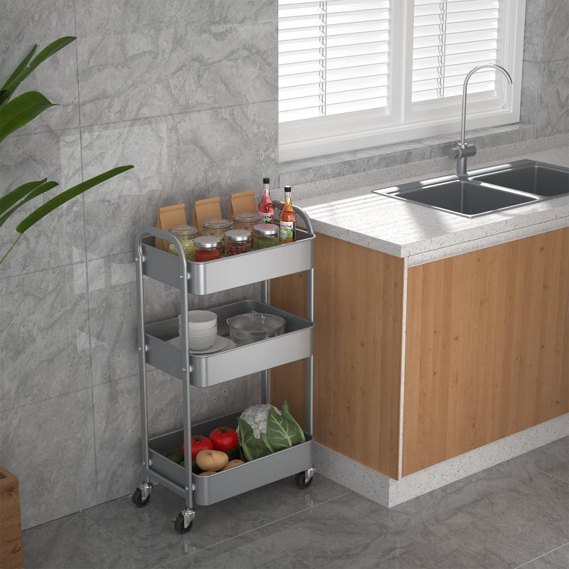 MAX Houser 3-Tier Rolling Utility Cart with Caster Wheels,Easy Assembly, for Kitchen, Bathroom (Silvery-Grey) - Image 3