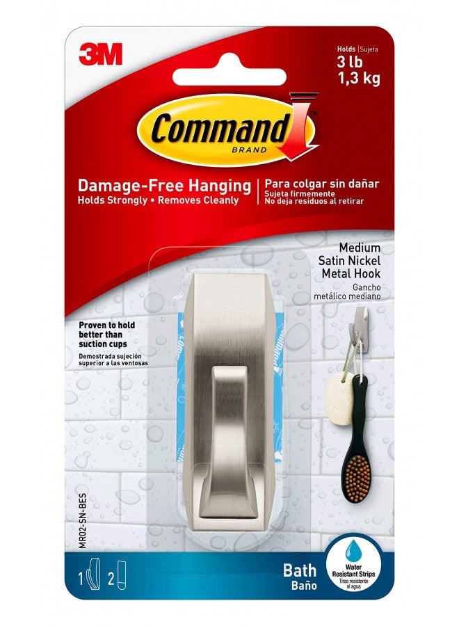 Command Modern Reflections Metal Bath Hook, Medium, Satin Nickel, 1-Hook with Water-Resistant Strips (MR02-SN-BES), Organize your dorm - Image 1