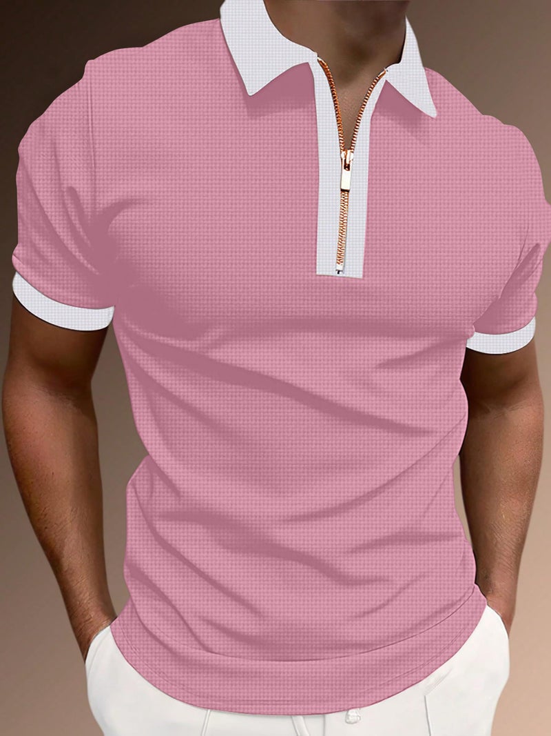 KAJARU Men's Waffle Knit Polo T-Shirt, Short Sleeve, Zip Collar with White Trim - Image 2