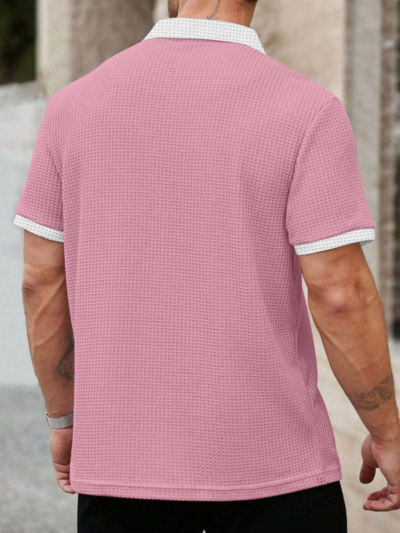 KAJARU Men's Waffle Knit Polo T-Shirt, Short Sleeve, Zip Collar with White Trim - Image 3