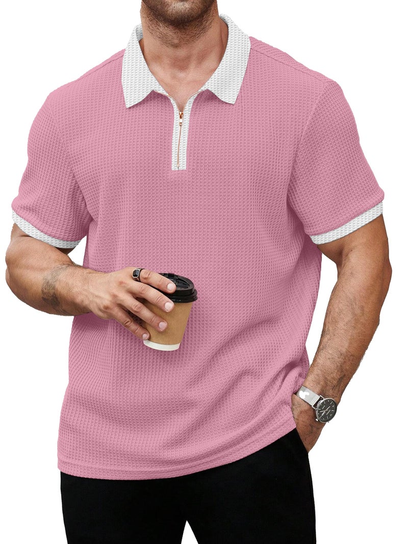 KAJARU Men's Waffle Knit Polo T-Shirt, Short Sleeve, Zip Collar with White Trim - Image 1