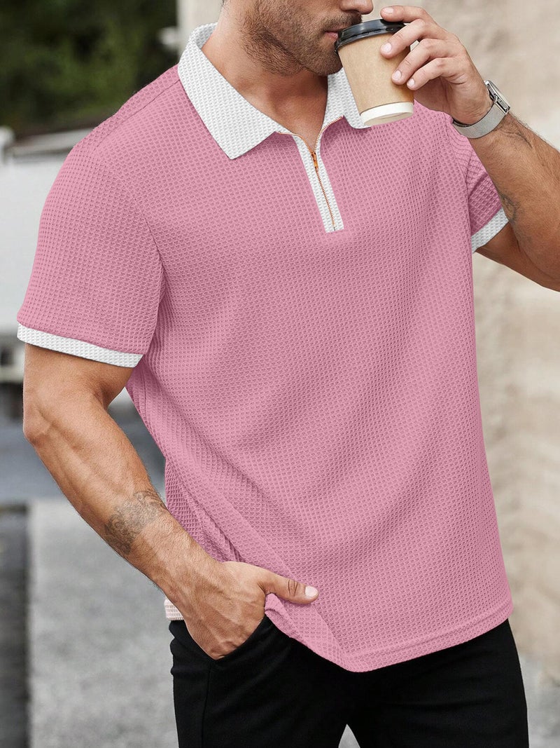 KAJARU Men's Waffle Knit Polo T-Shirt, Short Sleeve, Zip Collar with White Trim - Image 5