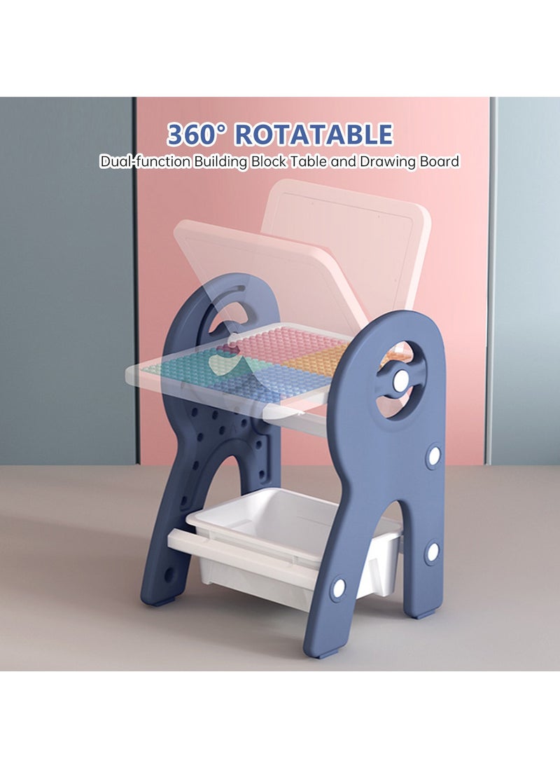 2 in 1 Kids Activity Table and Chair Set with Building Block Table,  Erasable Magnetic Graffiti Drawing Board, 360° Rotatable with Storage Box, 40*33*70cm