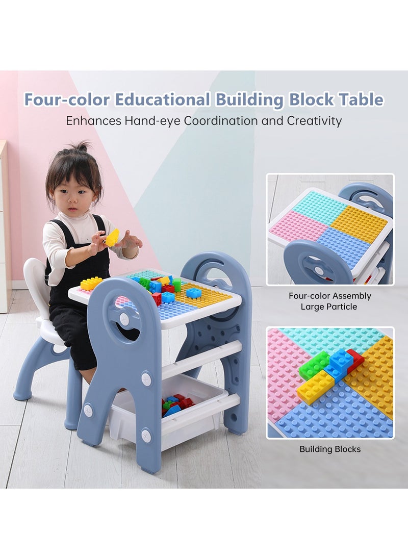 2 in 1 Kids Activity Table and Chair Set with Building Block Table,  Erasable Magnetic Graffiti Drawing Board, 360° Rotatable with Storage Box, 40*33*70cm