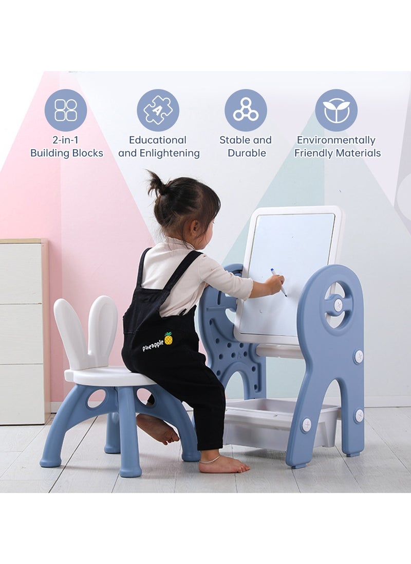 2 in 1 Kids Activity Table and Chair Set with Building Block Table,  Erasable Magnetic Graffiti Drawing Board, 360° Rotatable with Storage Box, 40*33*70cm