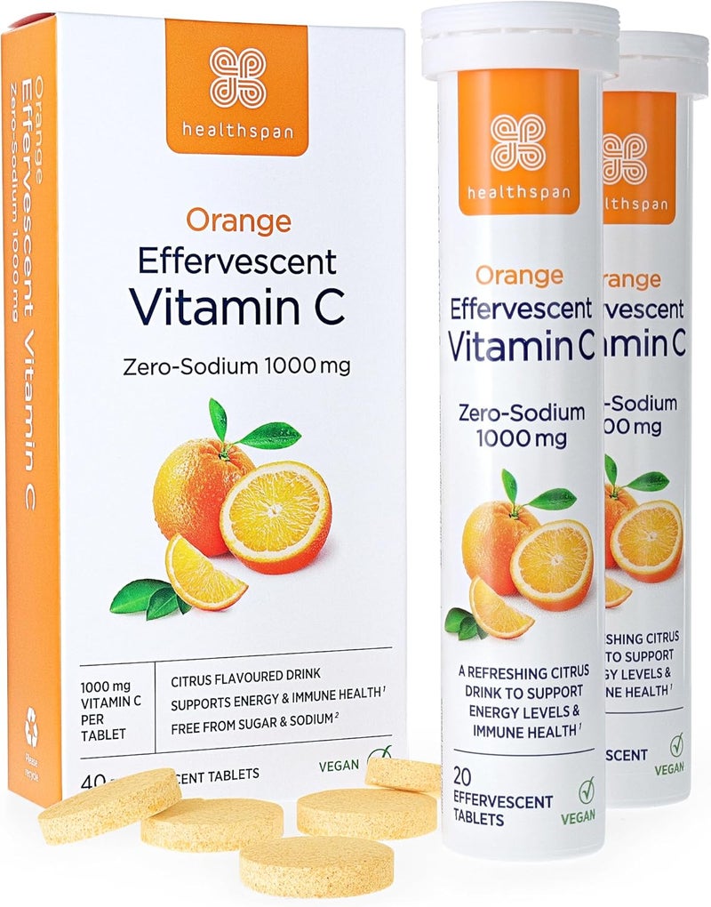 Healthspan Orange Effervescent Vitamin C 1000mg 40 Tablets Supports Immune Nervous Systems Maintain Good Energy Levels ZeroSodium to Help Maintain Normal Blood Pressure Vegan - Image 1