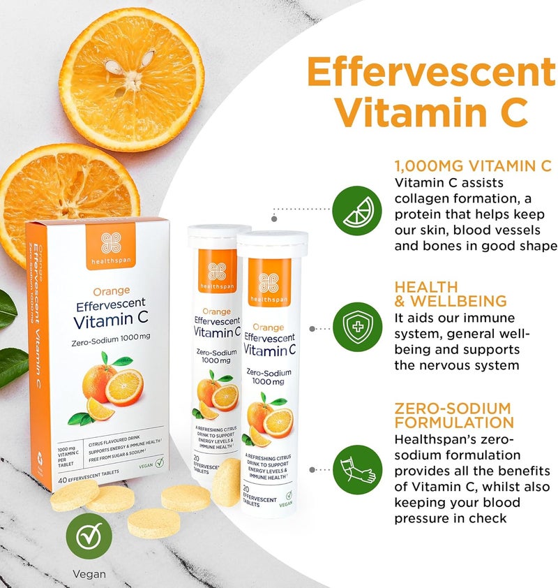 Healthspan Orange Effervescent Vitamin C 1000mg 40 Tablets Supports Immune Nervous Systems Maintain Good Energy Levels ZeroSodium to Help Maintain Normal Blood Pressure Vegan - Image 2
