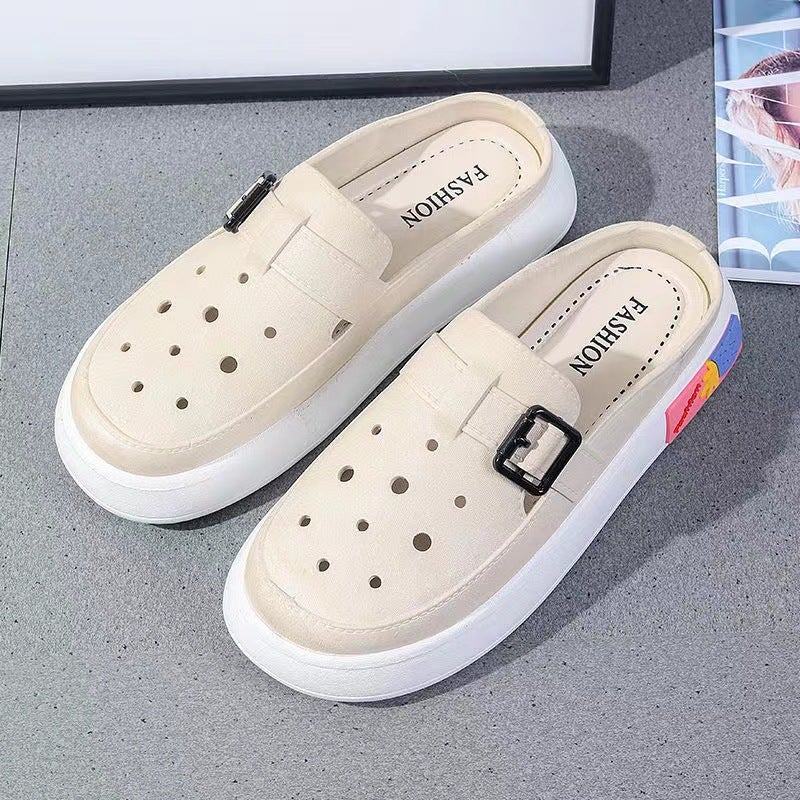 صنادل مغلقة للنساء بأزرار، أحذية نسائية عصرية، نصف slippers خريف جديدة للفتيات، أحذية مسطحة عادية، سهلة الارتداء - Image 1