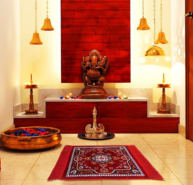 Kuber Industries Traditional Carpet/Pooja Mat|Square Shape & Soft Velvet Material|Maditation Prayer Rectangular Mat|Size 60 X 60 Cm (Red) - Image 1