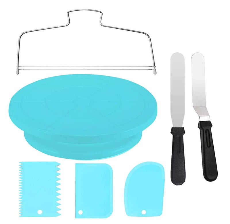 Miecux Cake Decorating TurntableCake Decorating Supplies With Decorating CombIcing Smoother3pcs2 Icing Spatula With Sided  Angled  Blue7pcs 