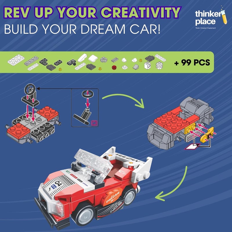 ThinkerPlace 8-in-1 Speed Racing Cars Vulcan (99 Pieces) | Learn About Electric Vehicles | Building Block Set for Kids Age 6+ | STEM Educational Toy | Build, Collect & Create Big-Size Racing Car - Image 2