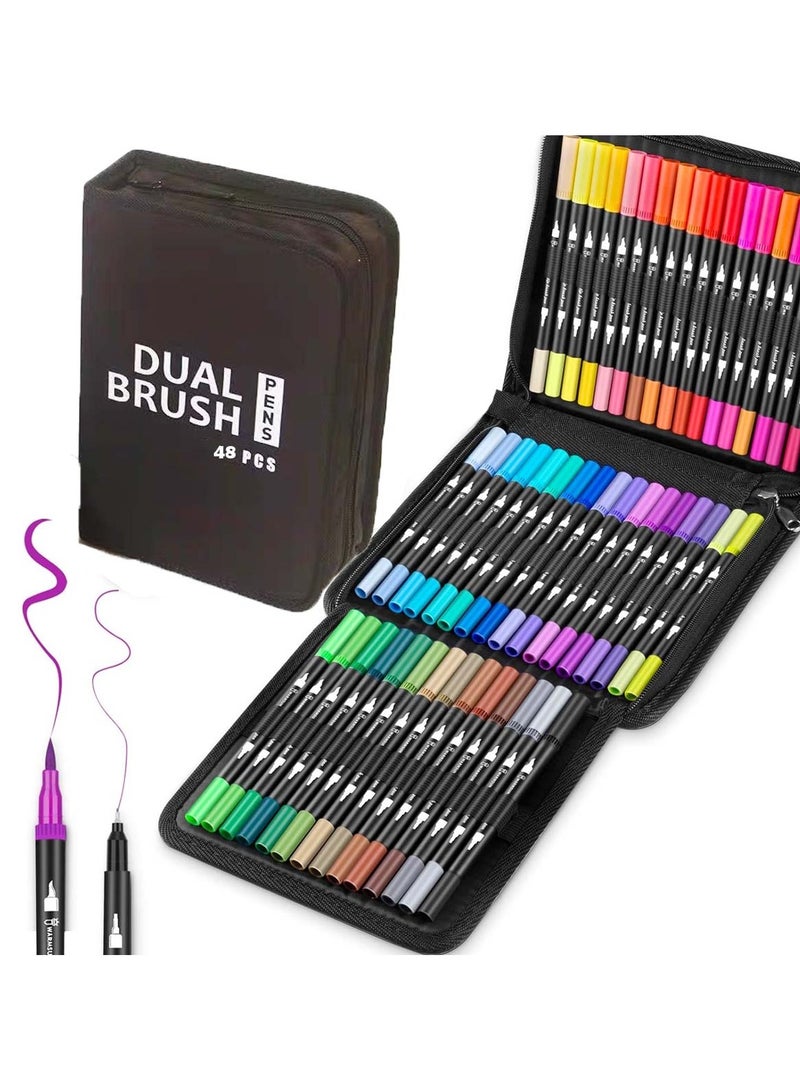 Huitich 48 Pcs Dual Brush Pens Set with Zipper Case for Drawing and Coloring - Image 1