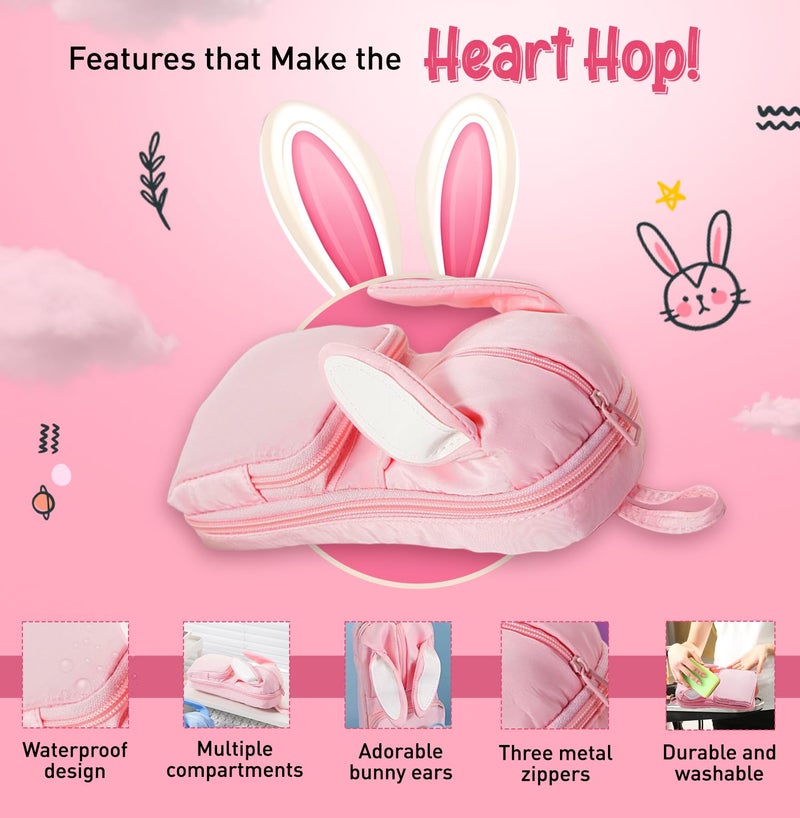 Dravina Polyester Large Capacity Pencil Pouch for Girls & Boys with 3 Zippers & 5 Compartments| Waterproof Aesthetic Cute Bunny Ears Standing Pencil Case for Kids, Multiutility Pouch (Baby Pink) - Image 4